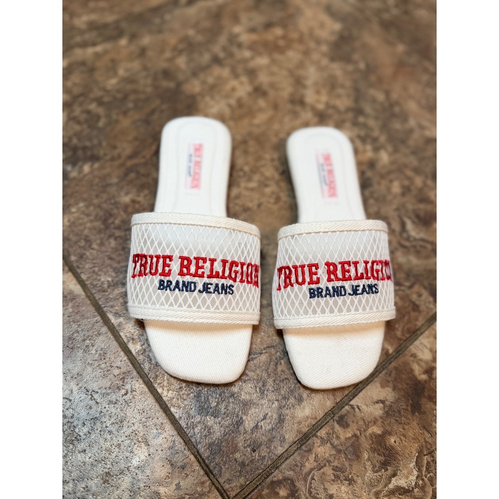 True Religion Womens White Mesh Logo Slide Sandals Square Toe TR-BRAT2-S Size 6M